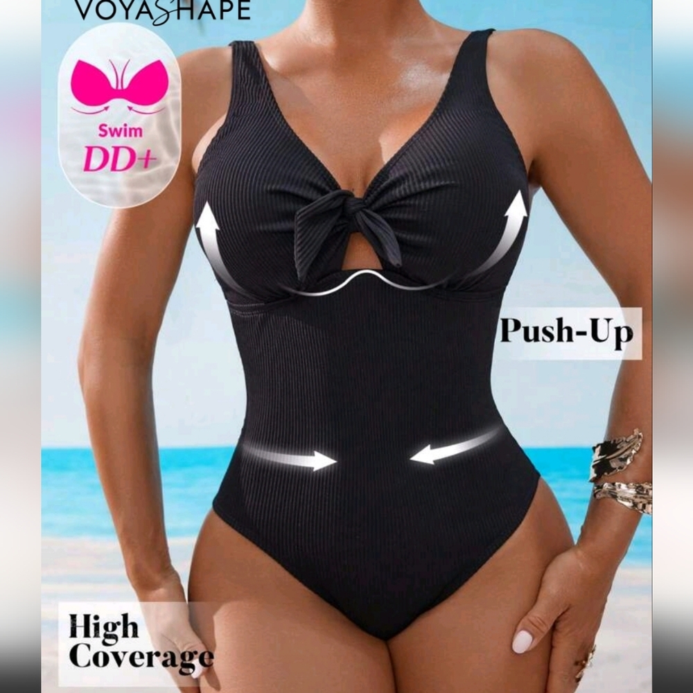 36DD SHEIN Black Ribbed One-Piece Swimsuit